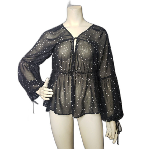 FOR LOVE & LEMONS Black White Dots Semi Sheer Long Sleeve Top Womens Size Medium - Picture 2 of 9